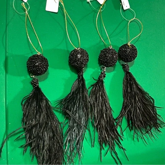 Black beaded ball & feather tassel Christmas ornaments/home decor 4 pieces 7.5” - Picture 10 of 12